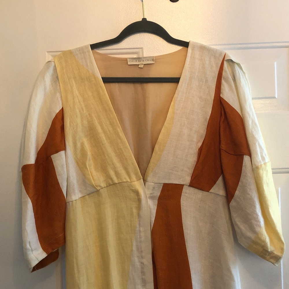 Clara Sunwoo Colorblock Linen Maxi Dress in Cream, Mustard & Rust